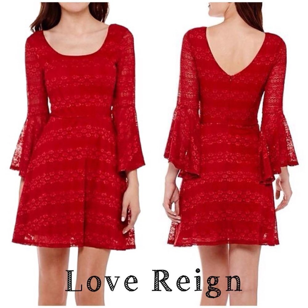 Love Reign Red Lace Fit & Flare Dress | Bell Sleeve Mini | Rust Orange-Red